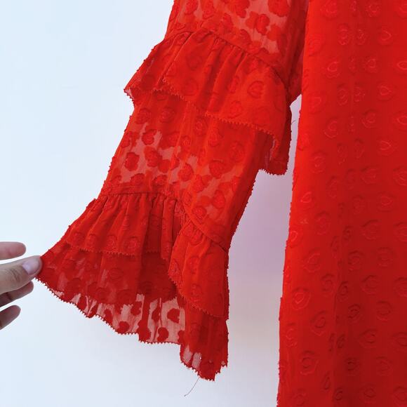 Tory Burch Swiss Dot Textured Red Orange Bell Sleeves Blouse 4 Top Boho Ruffle - Picture 7 of 10